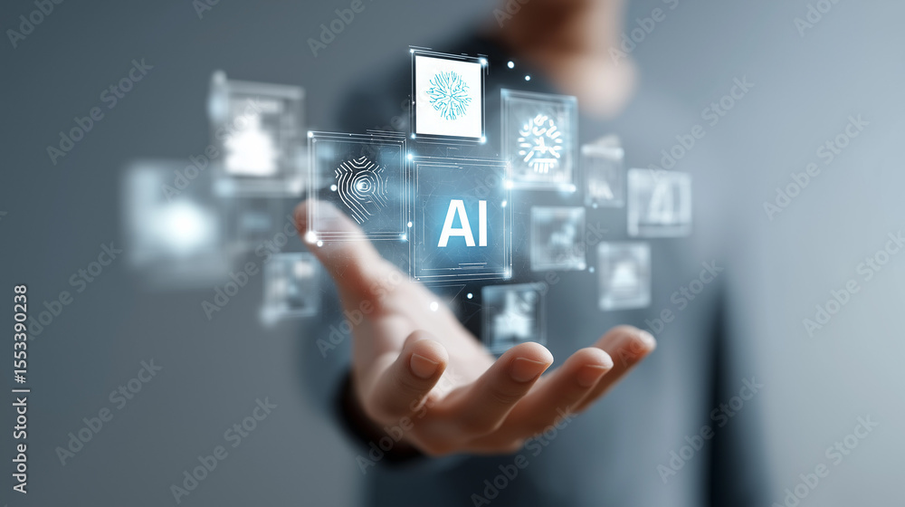 Hand hovering over floating holographic interface with AI icons, modern collage concept, PNG Hand hovering over floating holographic interface with AI icons, modern collage concept, PNG