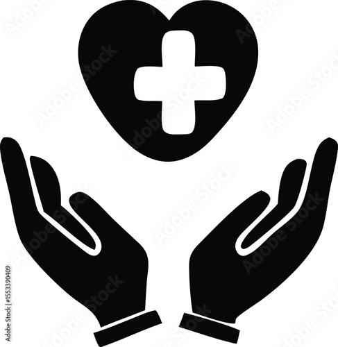 Two cupped hands gently supporting a black heart with a white medical cross symbolizing care and health protection