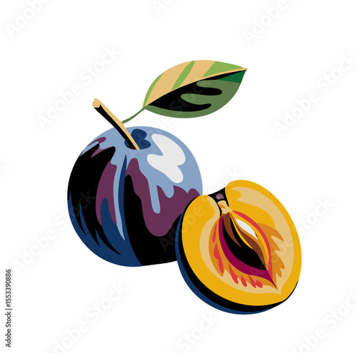 Whole and sliced plum with a green leaf in colorful design, vector illustration on transparent background