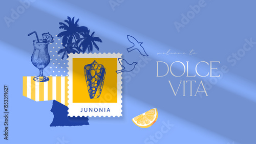 Hand drawn watercolor and sketch tropical poster. Dolce vita summer vibe. Vector vintage illustration