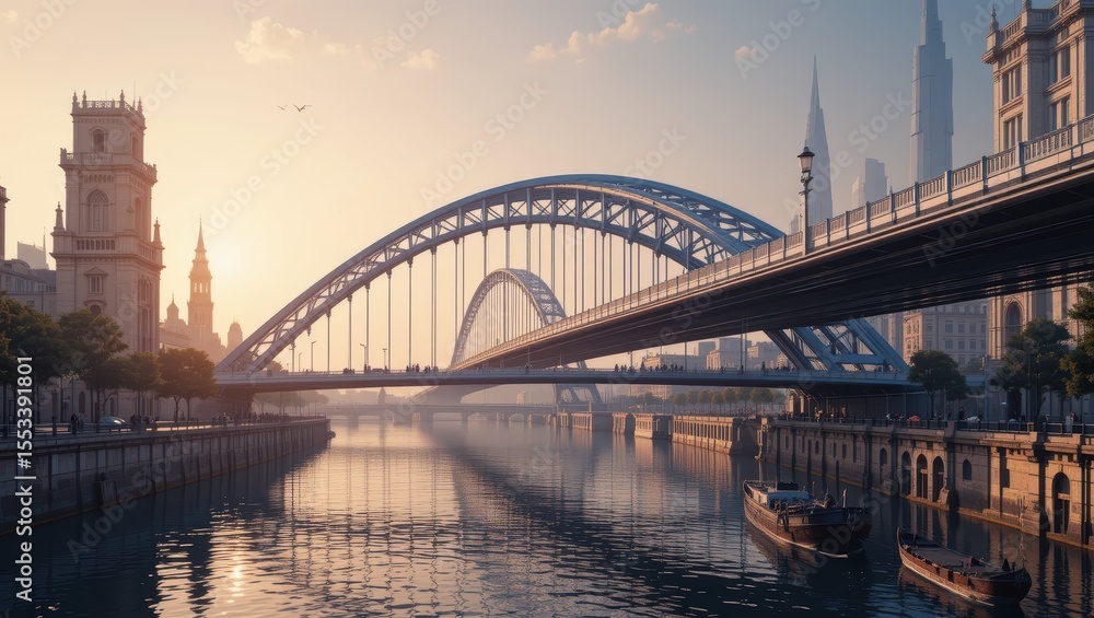Obraz premium Scenic Sunset View Over a Historic Bridge and Calm River in an Urban Cityscape
