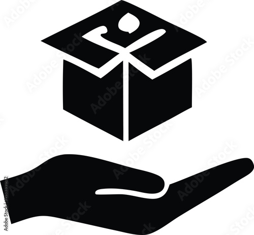 Open gift box with abstract figure inside held by an open palm symbolizing generosity receiving or a special delivery