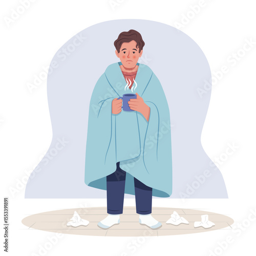 Man feeling sick Staying Warm with blanket