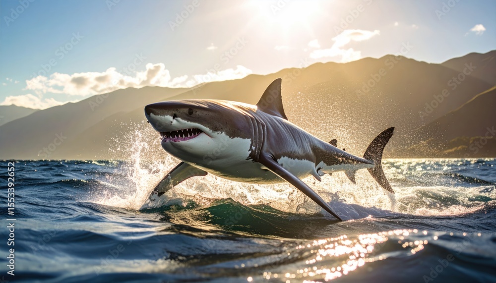 Fototapeta premium Majestic great white shark leaps from glistening ocean waters under bright sunlight