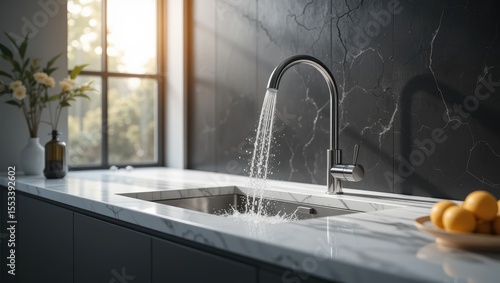 Stream of Water Flowing from Modern Faucet into Sleek Kitchen Sink with Fresh Oranges on Countertop