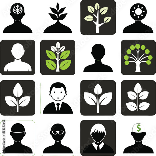 Collection of stylized human silhouette icons representing diverse concepts like growth intellect and financial thinking