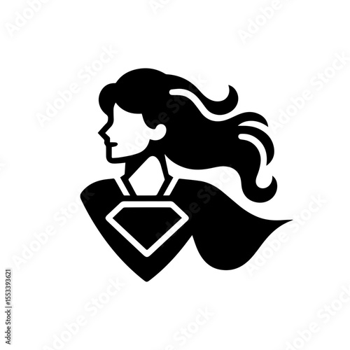  Flat black female superhero icon on transparent background. Simple minimalist vector silhouette perfect for apps, logos, and web designs. Clean modern illustration in SVG/PNG formats.