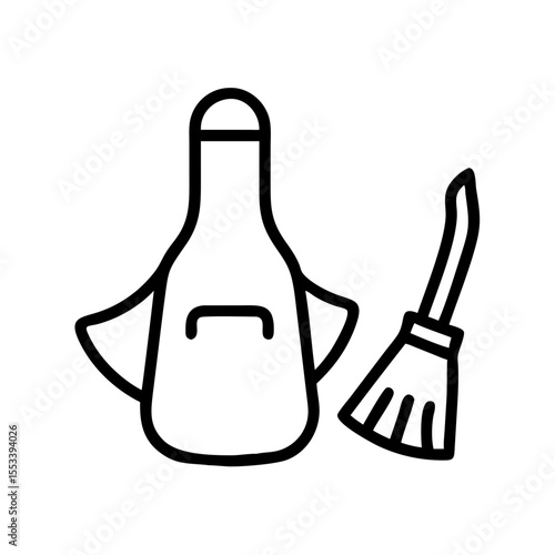 Cleaning apron and brush in minimalist line art style  