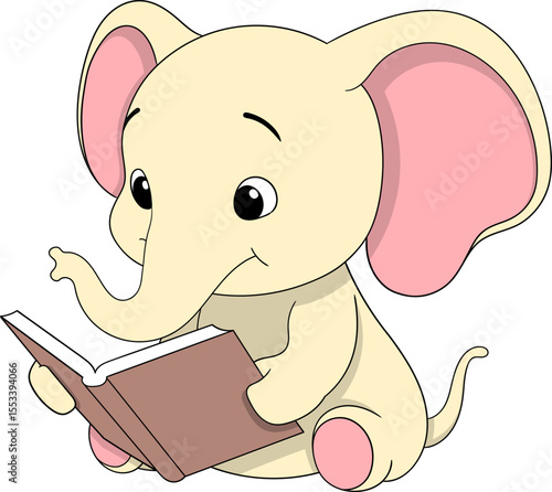 Yellow baby elephant sitting seriously while reading an open book with visible letters