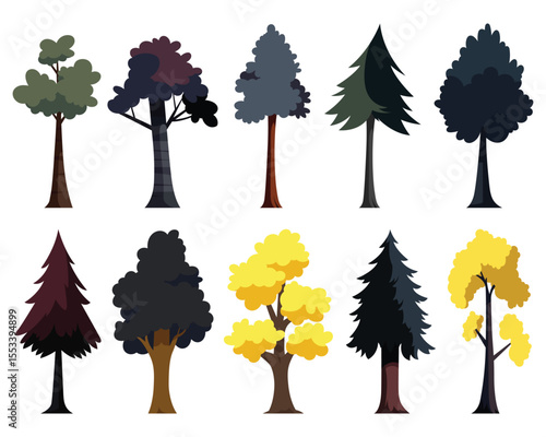 A whimsical collection of ten unique cartoon trees. These stylized illustrations feature diverse shapes, from deciduous to coniferous, and exhibit a playful color palette.