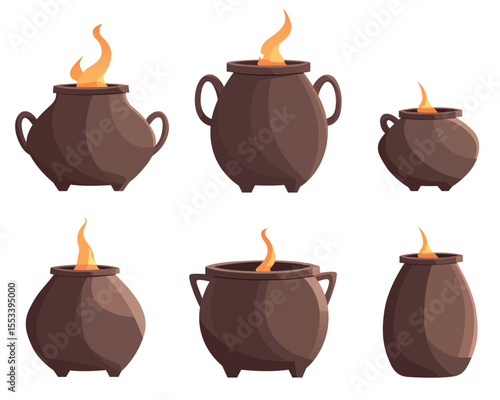 A diverse set of stylized cauldrons are shown, each different in shape and size, and filled with glowing flames, set against a stark white background.