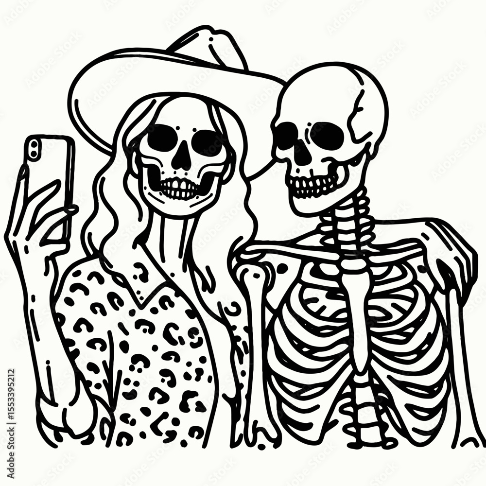 Fototapeta premium Cowgirl Female skeleton with leopard print Couple Selfie. Cowboy Western American Cartoon Animal Clipart Line Art Vector Illustration. .