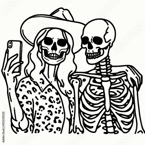 Cowgirl Female skeleton with leopard print Couple Selfie. Cowboy Western American Cartoon Animal Clipart Line Art Vector Illustration. .