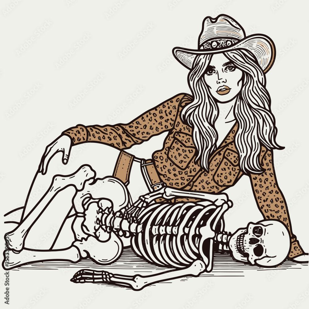Fototapeta premium Cowgirl Female skeleton with leopard print Lying Down on stomach Together hands under chin. Cowboy Western American Cartoon Animal Clipart Line Art Vector Illustration. .