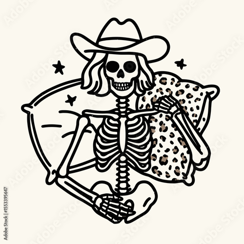 Cowgirl Female skeleton with leopard print Playful Pillow Fight. Cowboy Western American Cartoon Animal Clipart Line Art Vector Illustration. .
