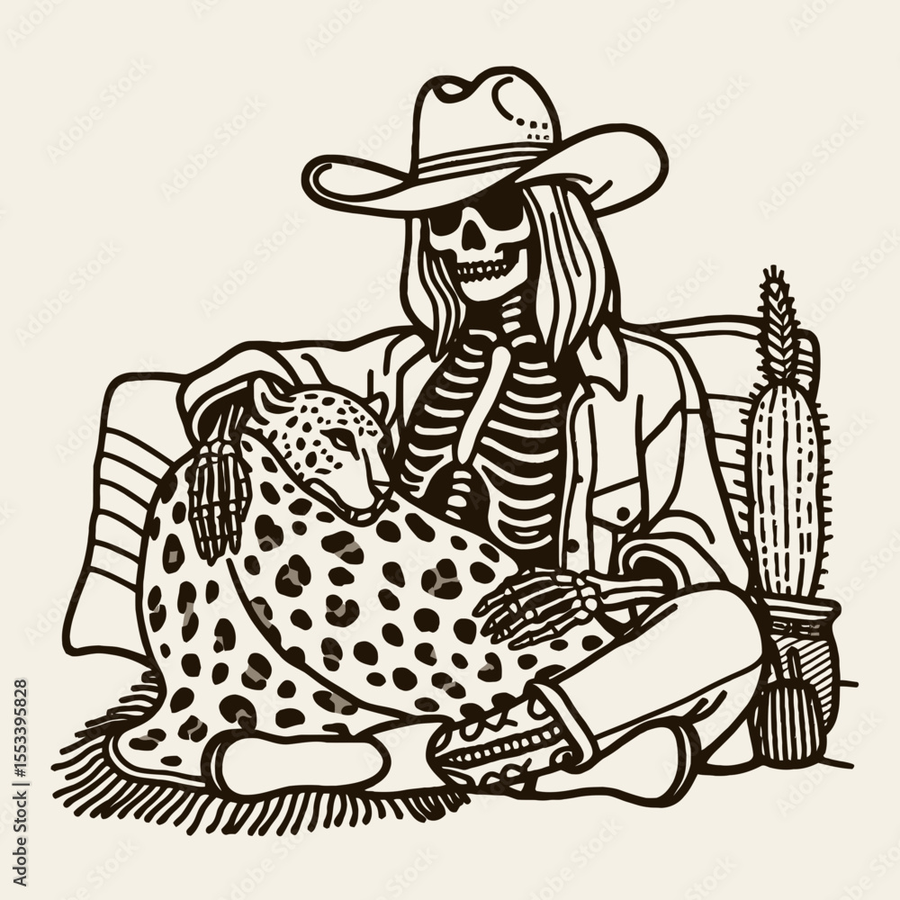 Fototapeta premium Cowgirl Female skeleton with leopard print Sharing a Blanket. Cowboy Western American Cartoon Animal Clipart Line Art Vector Illustration. woman bones pattern cover mutual comfort design.