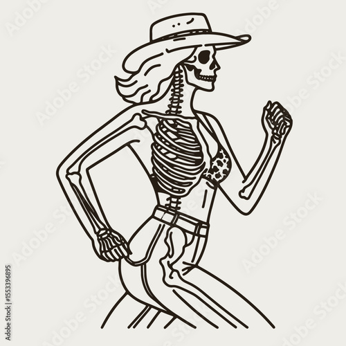Cowgirl Female skeleton with leopard print jogging. Cowboy Western American Cartoon Animal Clipart Line Art Vector Illustration. girl bone structure in spotted legging doing run exercise.