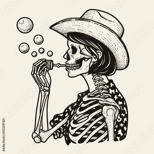 Cowgirl Female skeleton with leopard print Blowing bubbles. Cowboy Western American Cartoon Animal Clipart Line Art Vector Illustration. gal bony figure feline pattern creating sphere.