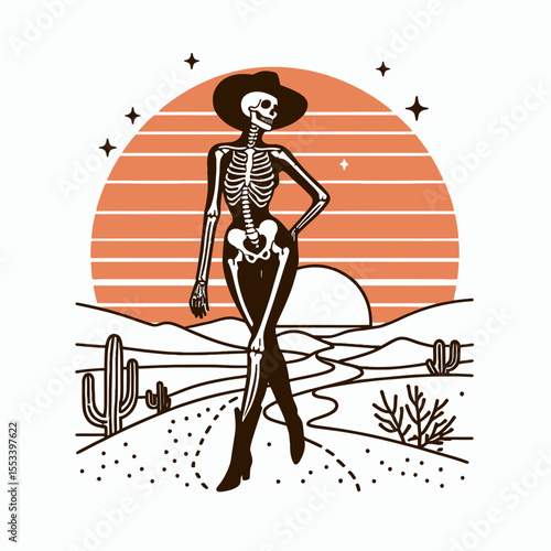 Cowgirl Female skeleton with leopard print Romantic Sunset Stroll. Cowboy Western American Cartoon Animal Clipart Line Art Vector Illustration. girl bone figure feline design evening walk.
