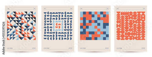 Retro colors covers or posters template with geometric pattern , vector abstract circle, triangle and square art. Trendy bauhaus pattern backgrounds op-art collection. Vector