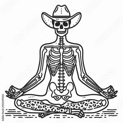 Cowgirl Female skeleton with leopard print meditation. Cowboy Western American Cartoon Animal Clipart Line Art Vector Illustration. gal bony figure in feline pattern doing contemplation yoga.