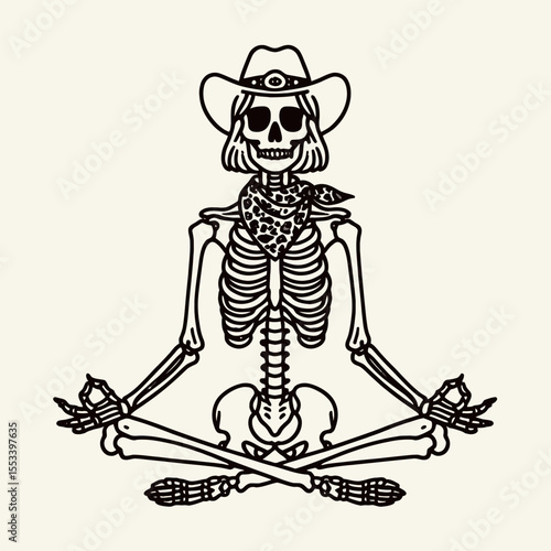 Cowgirl Female skeleton with leopard print meditation. Cowboy Western American Cartoon Animal Clipart Line Art Vector Illustration. .
