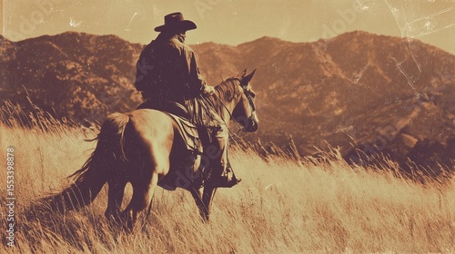 old worn vintage sepia toned polaroid photo of cowboy riding a horse