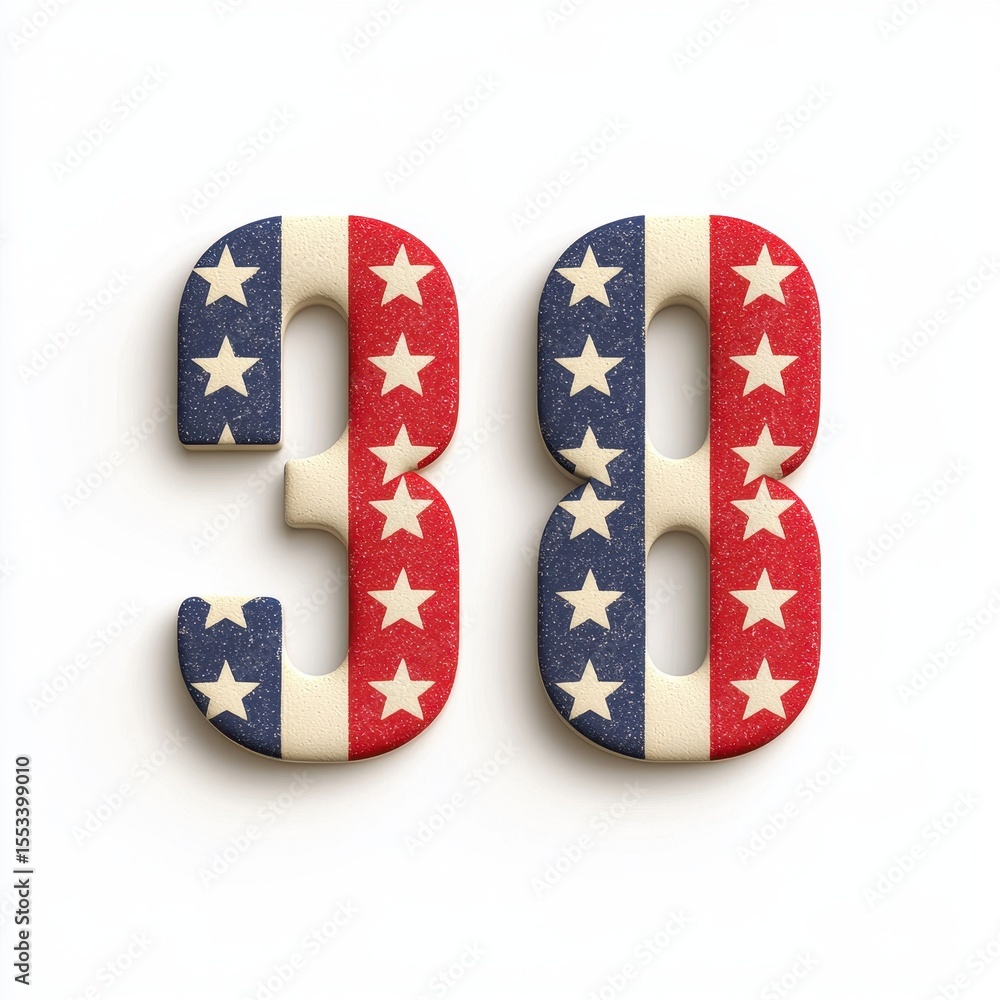 Obraz premium Red, White, and Blue Number 38 with Stars on a Light Background