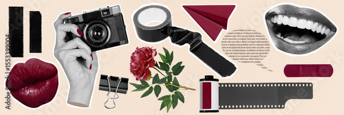 Trend artwork composite 3D photo collage design of set hand hold cam film tape scotch lips kiss smile teeth flower peony speech cloud