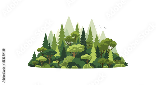 Flat Color Forest Landscape with Stylized Trees and Distant Mountains