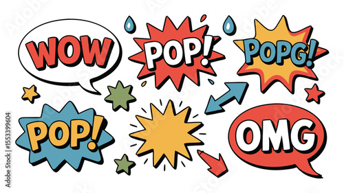 Comic Book Style Speech Bubbles Featuring Exclamations Like WOW, POP!, POPG!, and OMG, Isolated on White