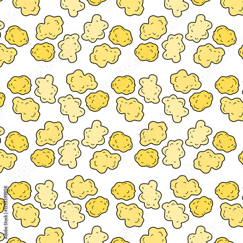 seamless pattern featuring cartoon-style popcorn shapes in yellow and cream tones on a white background. Suitable for food packaging, textile prints, or decorative backgrounds.