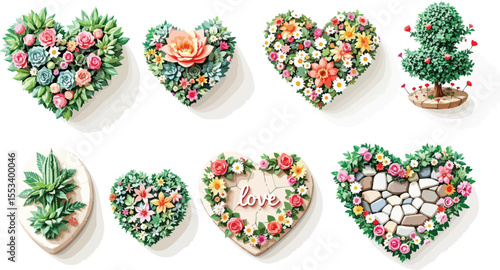Collection of heart shaped floral arrangements featuring roses succulents and decorative flowers.