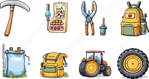Colorful cartoon illustrations of farming tools and equipment depicting agriculture and gardening.
