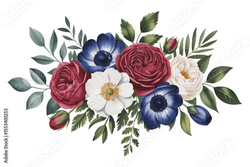 Elegant Watercolor Floral Arrangement Red Roses, Blue Anemones, and White Flowers with Green Leaves
