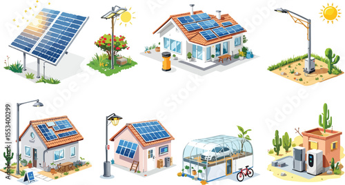 Illustrations of solar power applications including homes streetlights and electric vehicle charging.