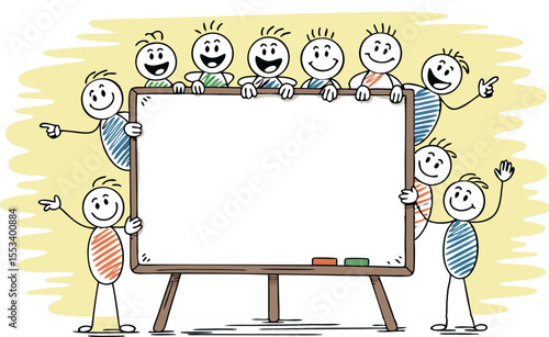 Happy Stick Figures Holding a Blank Whiteboard with Chalk on Yellow Wavy Background