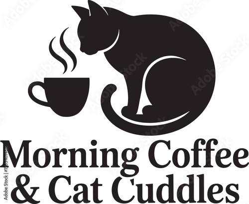 Black silhouette of cat with coffee cup and text vector