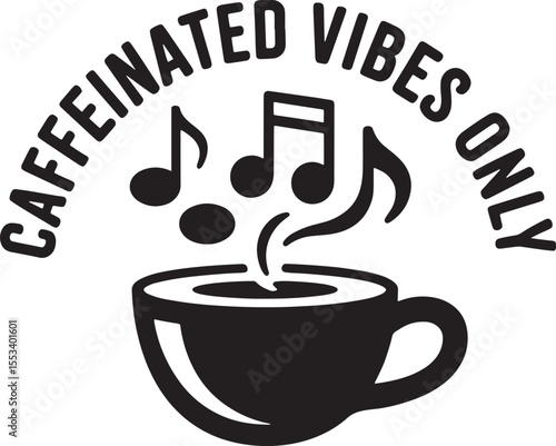 Black silhouette of coffee cup with music notes and text vector