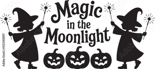 Black silhouette of two witches holding sparklers with pumpkins and text halloween white