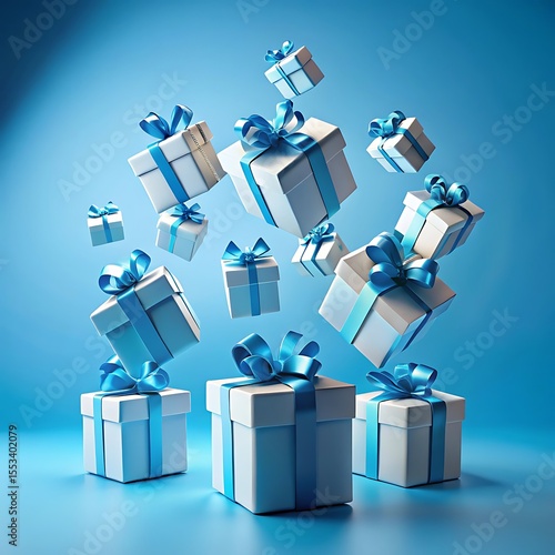 Many white gift boxes with blue ribbons float in the air against a blue background