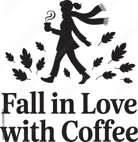 Black silhouette of woman walking with coffee cup and scarf surrounded by fall leaves white