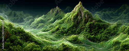 Wireframe forest made of data points glowing in emerald over dark terrain