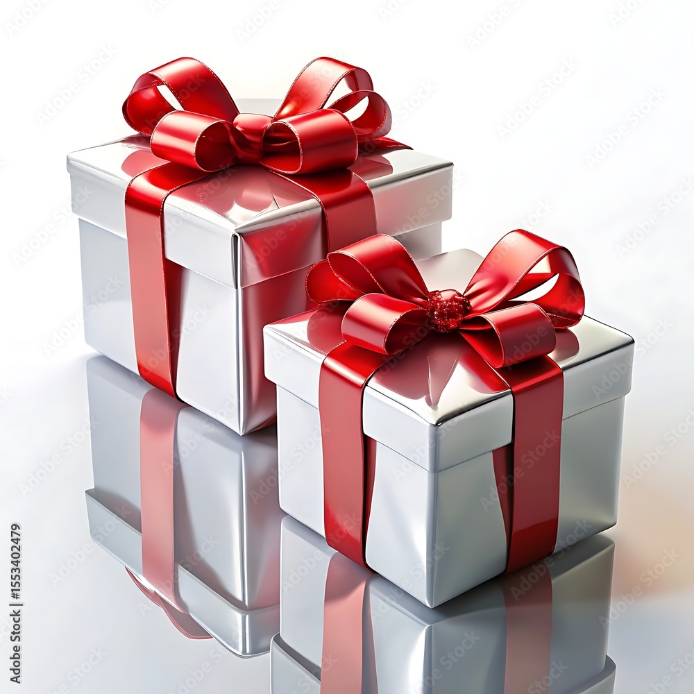 Fototapeta premium Two silver gift boxes with red ribbons are shown on a reflective surface