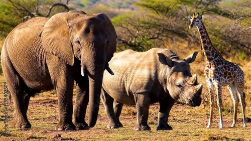 Majestic African wildlife: Elephant, rhino, and giraffe together in a sunny savanna landscape
