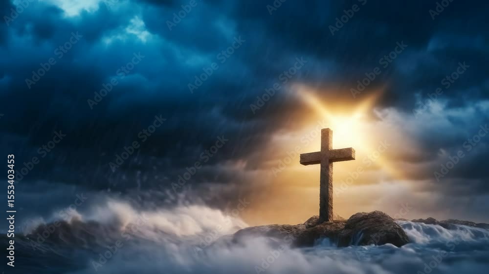 Cross of Faith Shines in Storm, Spiritual Background Cross of Faith Shines in Storm, Spiritual Background
