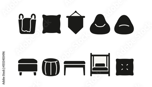Home decor solid icon set. furniture, pillows, and baskets in solid style