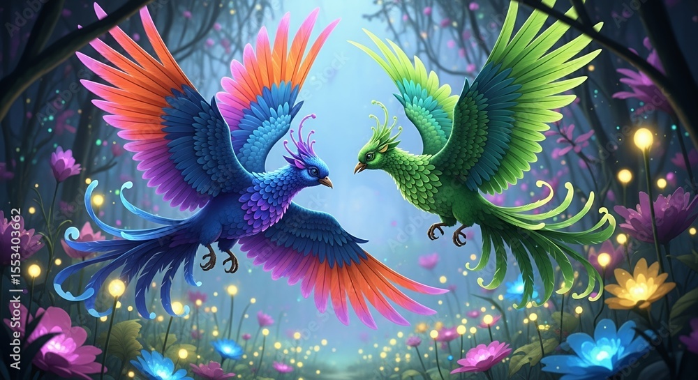 Obraz premium Colorful Flying Bird Pair in Dreamy Floral Landscape with Soft Lighting