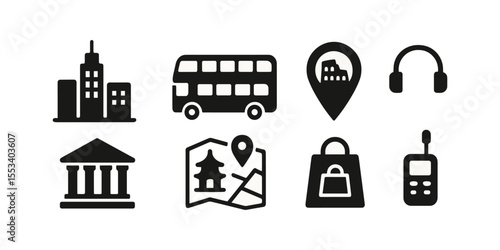 Travel, tourism solid icon set. transportation, landmark symbols in filled style