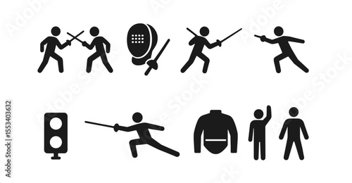 Fencing silhouette icon set. sword fighting, fencers, duel silhouette icons collection